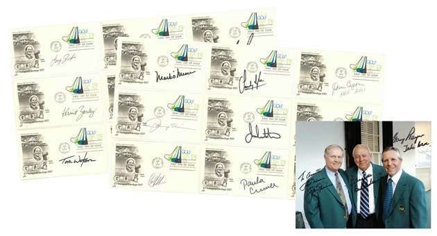 Lot of (18) Golf Memorabilia: 8x10 Photo Signed by Nicklaus, Palmer & Player, 17 Signed Cachets (Beckett PreCert)